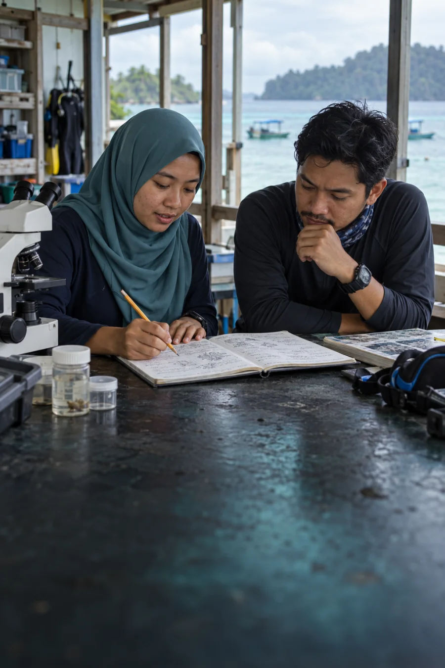 Illustration of marine scientists collaborating at a coastal research workbench